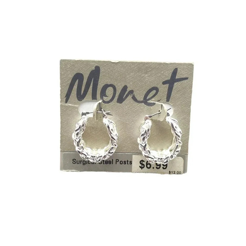 Monet Braided Hoop Earrings Snap Shut Closure Silver Tone Vintage
